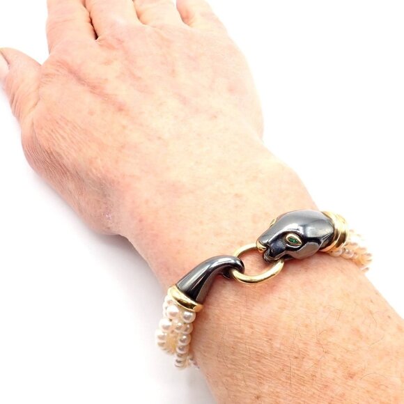 Panthere de Cartier Panther 18k Yellow Gold & Silverium Pearl Emerald Bracelet - Picture 12 of 14